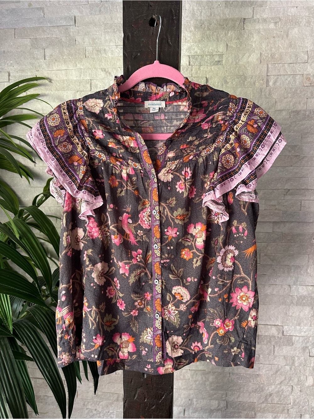 Sundance Ruffle Sleeve Cotton Floral Bird Print Blouse Size Petite M